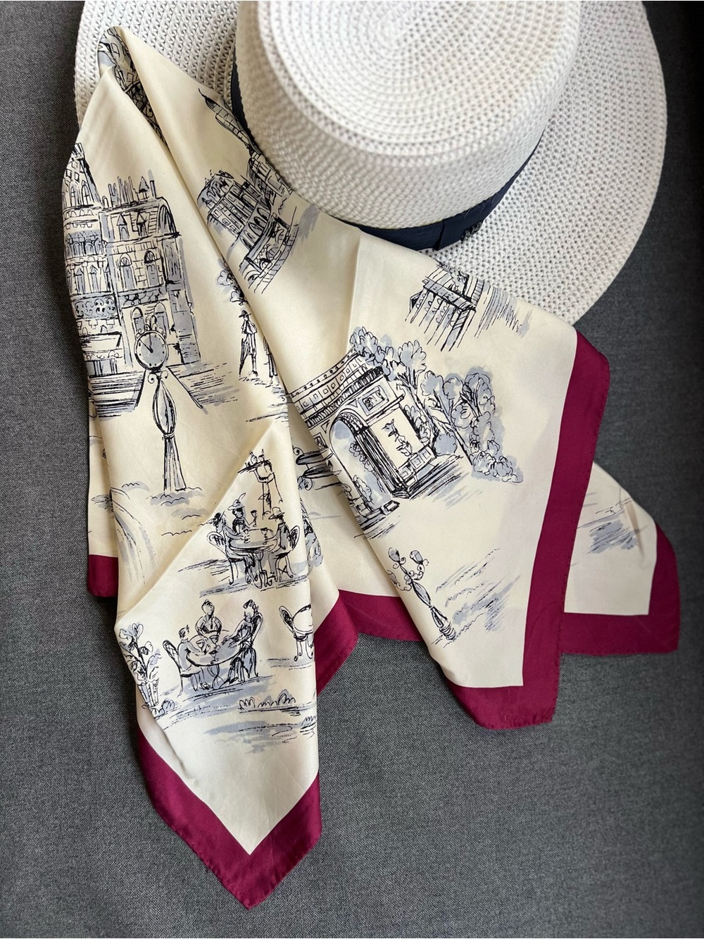 Vintage 100% Silk Scarf Paris Landmark Print Motifs Square 27”